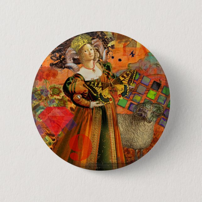 Orange Woman: Gothic Ram Antique Art Collage Knapp (Framsida)