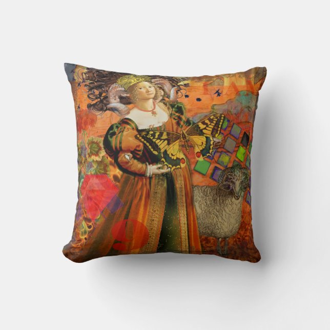Orange Woman: Gothic Ram Antique Art Collage Kudde (Framsida)