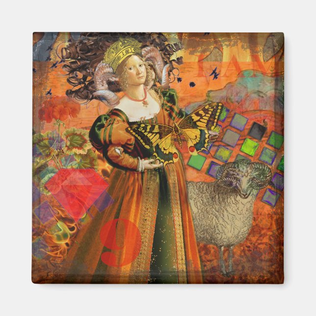 Orange Woman: Gothic Ram Antique Art Collage Magnet (Framsidan)