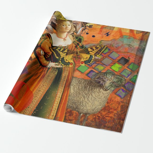 Orange Woman: Gothic Ram Antique Art Collage Presentpapper (Utrullad)