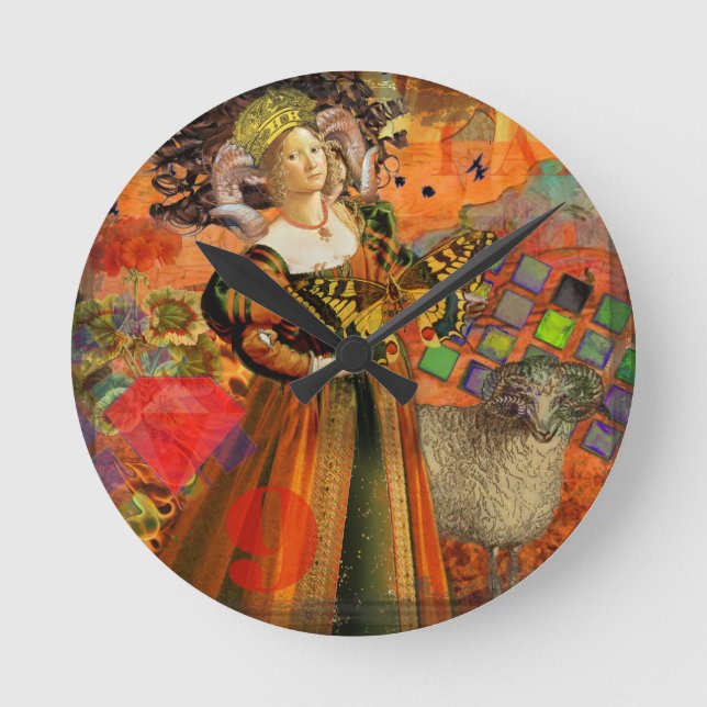 Orange Woman: Gothic Ram Antique Art Collage Rund Klocka (Framsida)