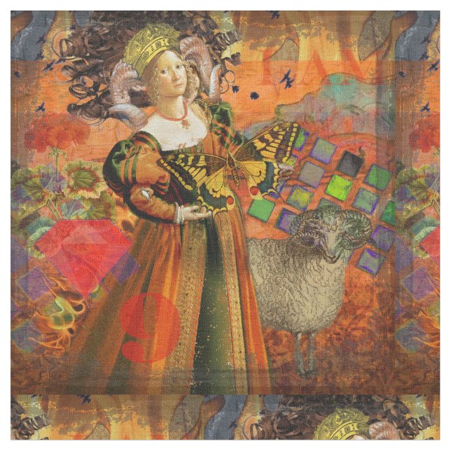 Orange Woman: Gothic Ram Antique Art Collage Tyg (Närbild)