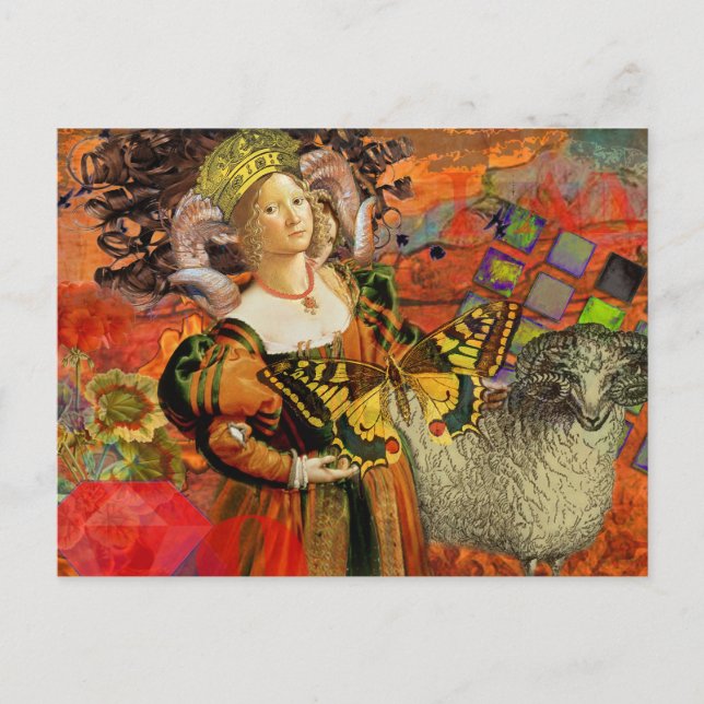 Orange Woman: Gothic Ram Antique Art Collage Vykort (Framsida)
