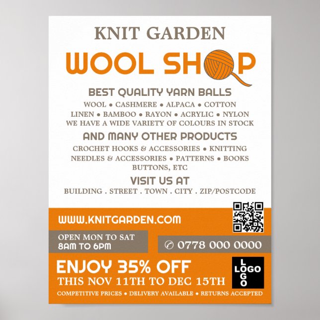 Orange Wool Shop Logotyp, Knitting Store, Garnarki Poster (Framsidan)
