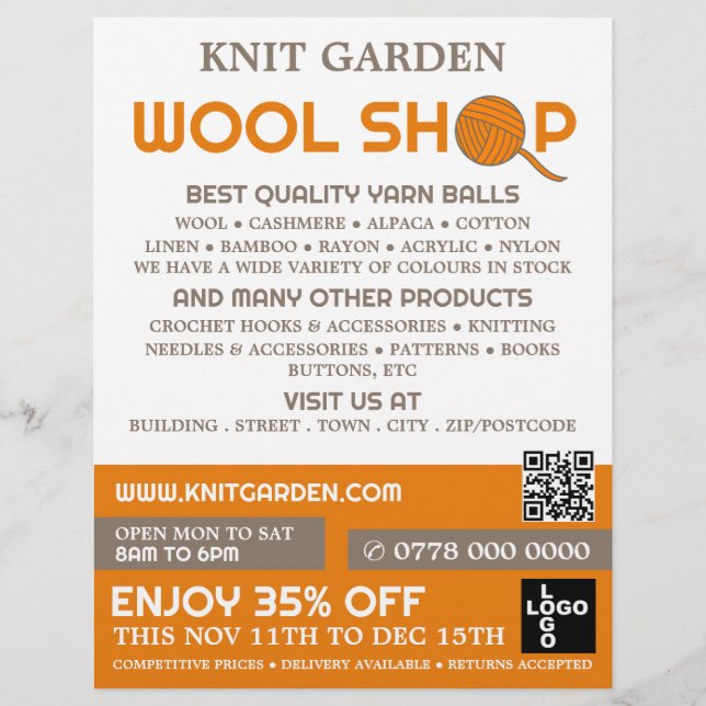 Orange Wool Shop Logotyp, Knitting Store, Garnarki Reklamblad (Framsidan)