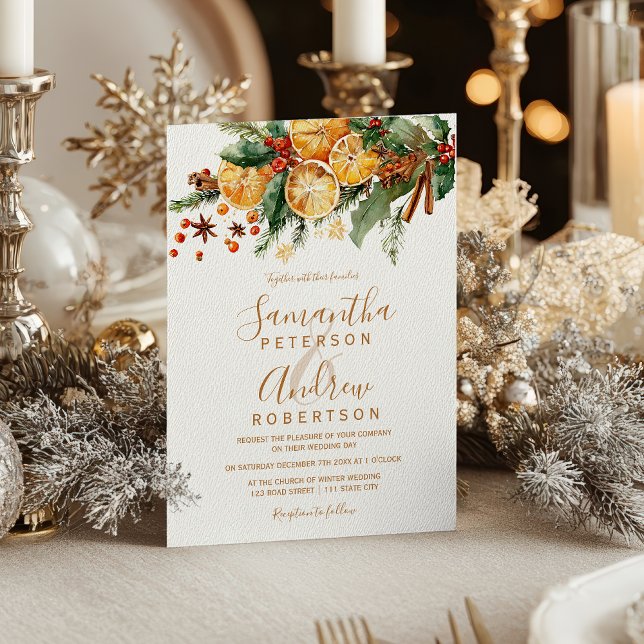 Orange Wreath Citrus Christmas winter wedding Inbjudningar (Orange Wreath Citrus Christmas winter wedding Invitation)