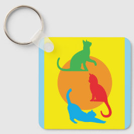 Orange & Yellow Art Keychain with Colorful Cats Nyckelring
