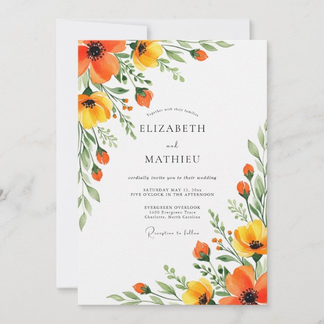 Orange Yellow Floral Flourish Wedding Inbjudningar (Framsida)