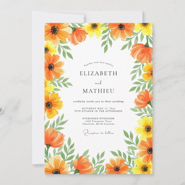 Orange Yellow Floral Whimsy Wedding Inbjudningar (Framsida)