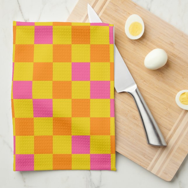 Orange Yellow Pink Checkered Pattern Design  Kökshandduk (Vikt i Fjärdedel)