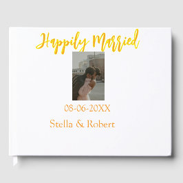 Orange yellow retro photo happily married couple gästböcker
