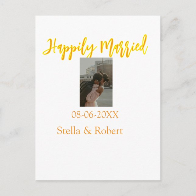 Orange yellow retro photo happily married couple vykort (Framsida)