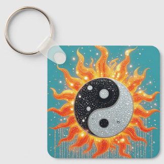 Orange Yin Yang Med Gyllene Strålande Detaljer Nyckelring