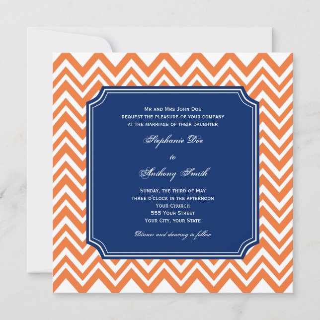 Orange Zigzag Mönster med Royal Blue Bröllop Inbjudningar (Framsida)