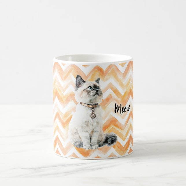 Orange Zigzag Stripes White Cat Meow Kaffemugg (Center)