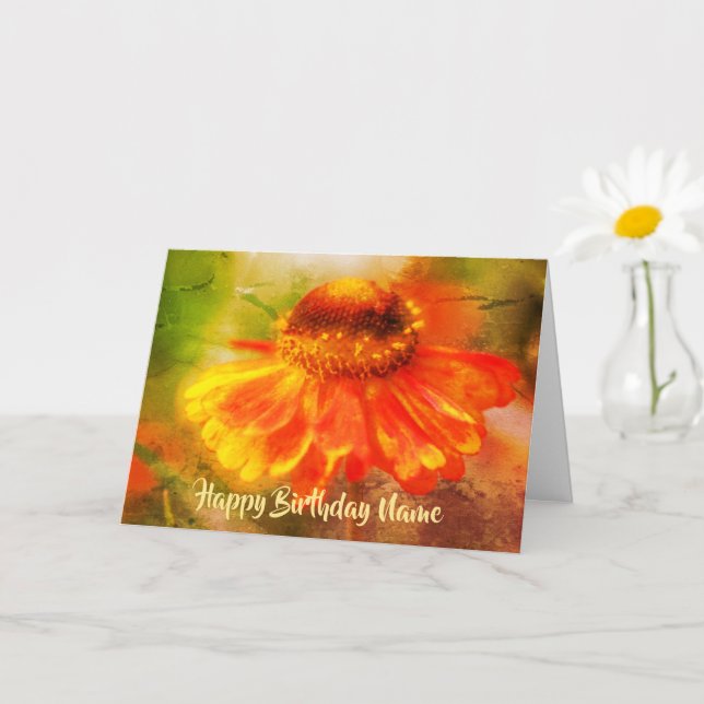 Orange Zinnia Blommigt Art Personalize Birday Card Kort (Liten växt)
