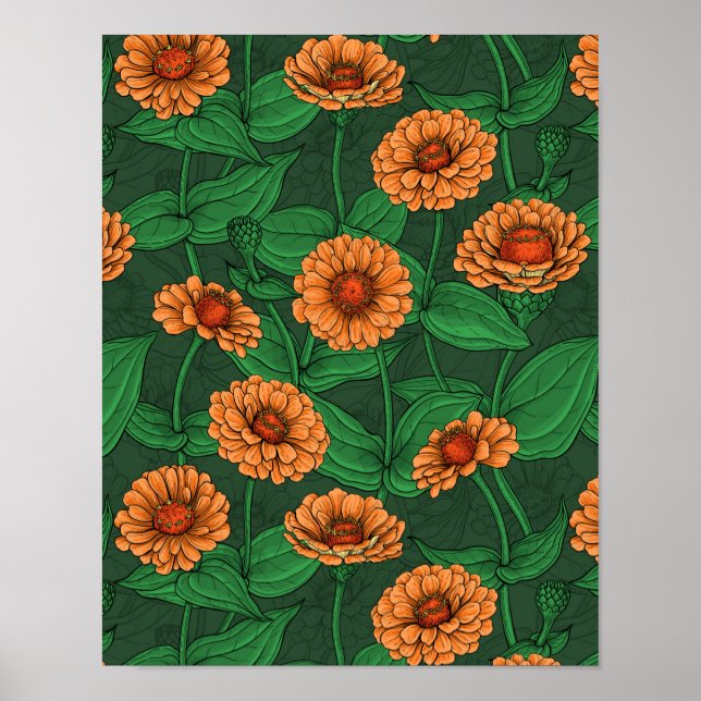 Orange Zinnia-blommor, grönt löv på mörk grönt Poster (Framsidan)
