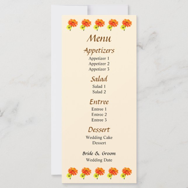 Orange Zinnia och Gult Zinnia Bröllop Menu (Framsida)