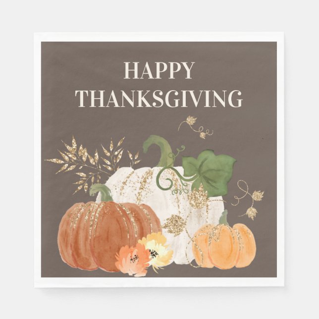 Orangea vita pumpor Guldglitter Thanksgiving  Pappersservett (Framsidan)