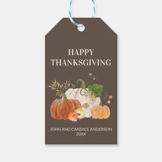 Orangea vita pumpor Guldglitter Thanksgiving  Presentetikett (Framsidan)