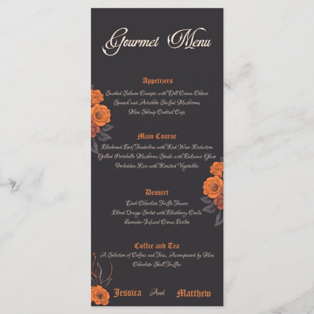 Orangeblommor elegant enkel gourmetmeny meny (Framsida)