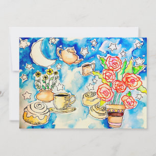 orangeblommor med kaffekannor-design, stjärnhimmel julkort
