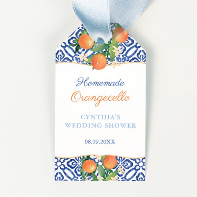 Orangecello Positano Oranges Möhippa Favoriter Presentetikett (Elegant citrus blue and white tiles Orangecello or homemade item bridal shower favor tags)
