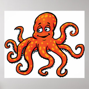 Orangefärgad bläckfisk tecknad ocean havsvarelse poster
