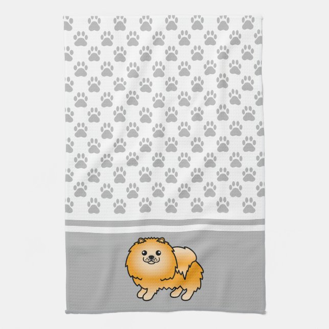 Orangefärgad Pomeranian Med Grå Tassmönster Kökshandduk (Vertikal)