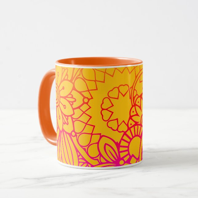 Orangefärgade lila blommor och gul bakgrund   mugg (Framsida vänster)