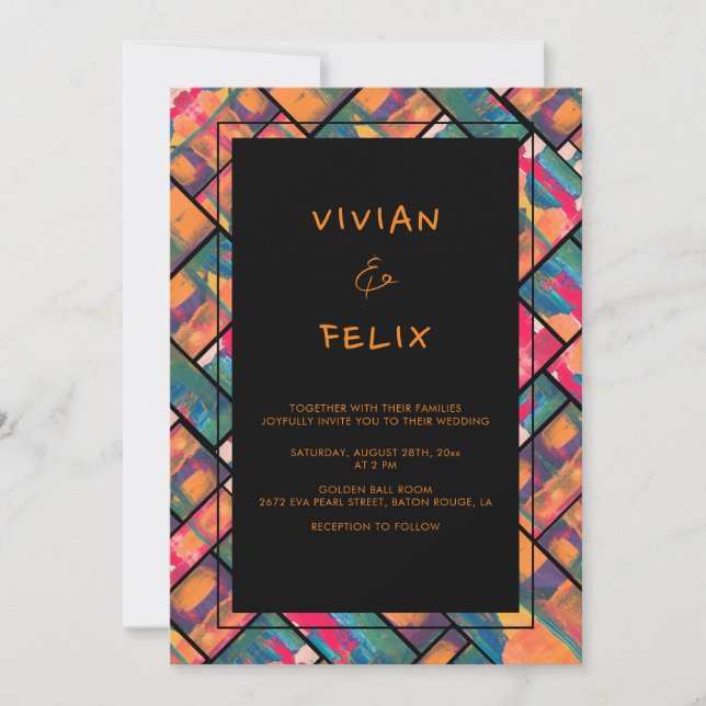 Orangen Art Paint Färg Modern Abstrakt Bröllop Inbjudningar (Framsida)