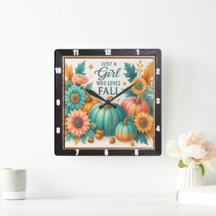 Orangen Autumn Pumpkins Sunblommor Teal Fyrkantig Klocka