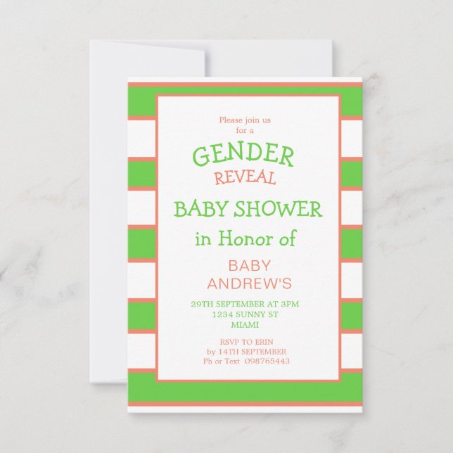 Orangen Baby Shower för gender Visa stripe-Grönt Inbjudningar (Framsida)