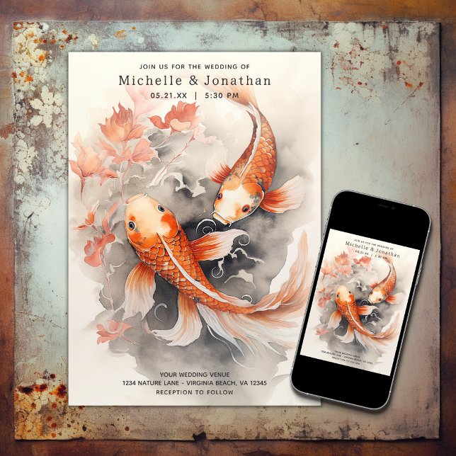 Orangen Beige Bröllop Inbjudningar (Printed and Digital - Beautiful Japanese Koi Fish Orange Beige Wedding Invitation)