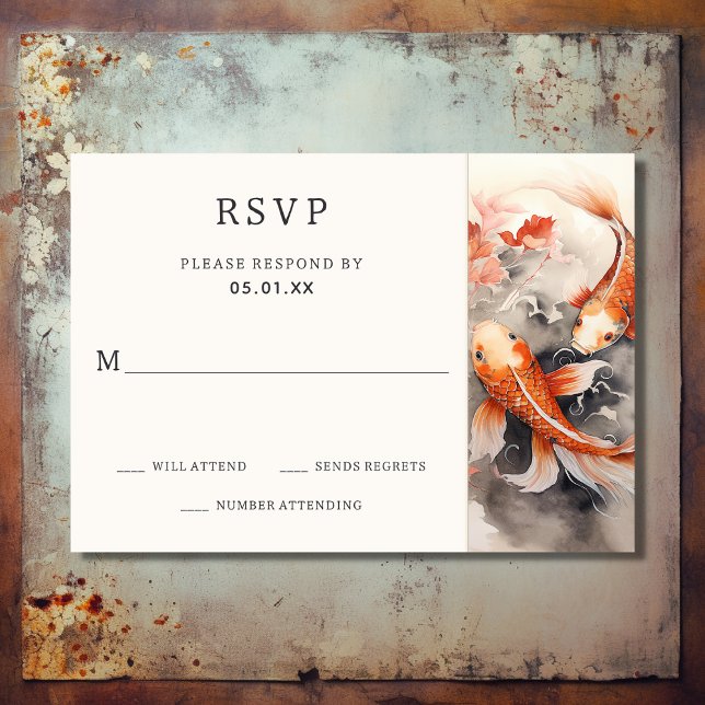 Orangen Beige Bröllop OSA Kort (Front - Beautiful Japanese Koi Fish Orange Beige Wedding RSVP Card)