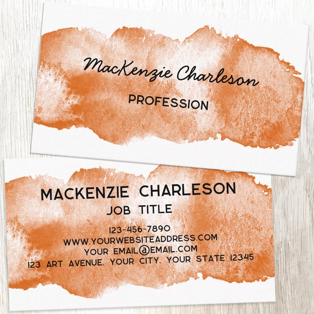 Orangen Bränn  för ren vattenfärgsfärg i pennstrec Visitkort (Simple watercolor paint brushstroke custom text business card)