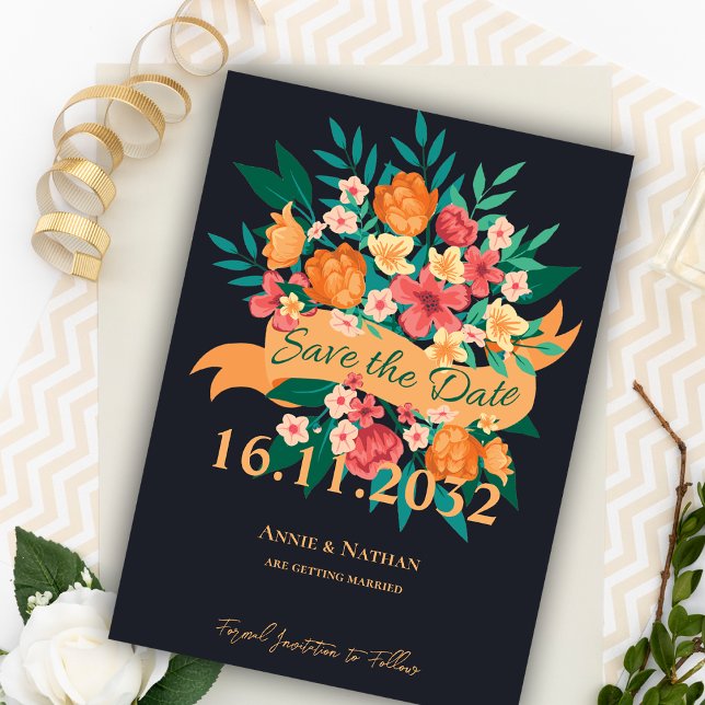 Orangen chic Gult Blockerar Bröllop spara datum (Yellow Orange Florals Chic Wedding Save the Date Invitation)