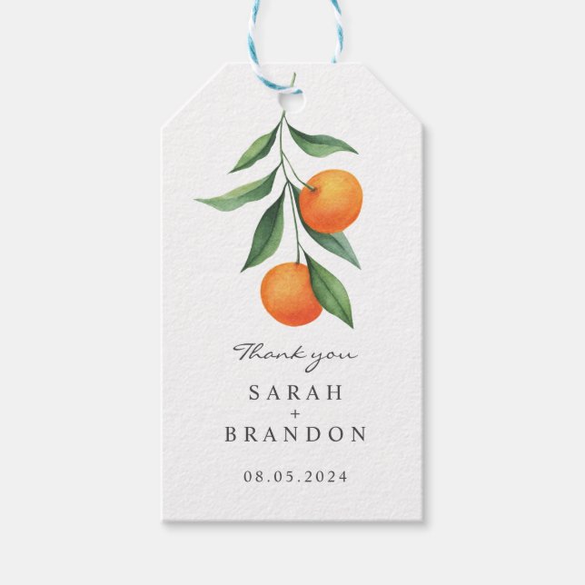 Orangen Citrus Summer Bröllop Presentetikett (Framsidan)