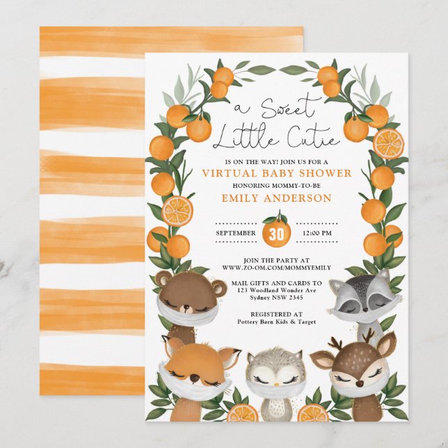 Orangen Citrus Virtuell Baby Shower för sommarskog Inbjudningar (Fram/baksida)