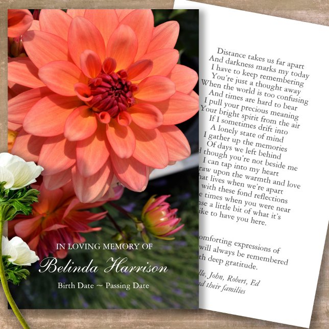 Orangen Dahlia Prayer Sympathy Cards Visitkort (Forever in our hearts, celebration of life, in loving memory of, prayer cards for bereavement)