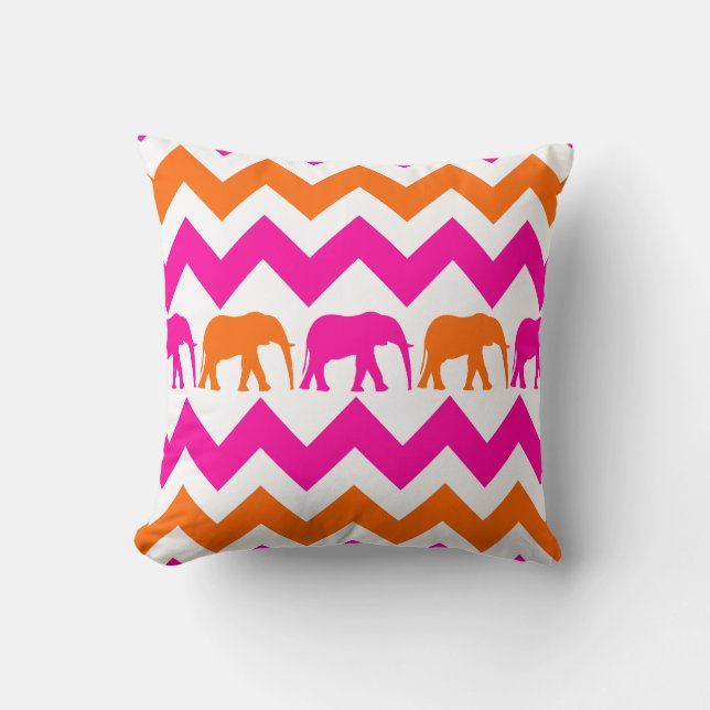 Orangen "Fet Shock rosa" Elephants Chevron Rand Kudde (Framsida)