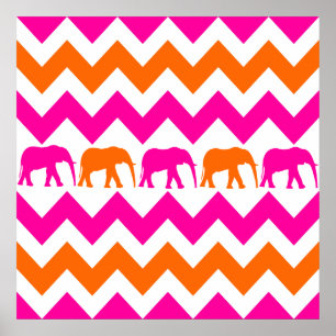 Orangen "Fet Shock rosa" Elephants Chevron Rand Poster