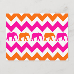 Orangen "Fet Shock rosa" Elephants Chevron Rand Vykort