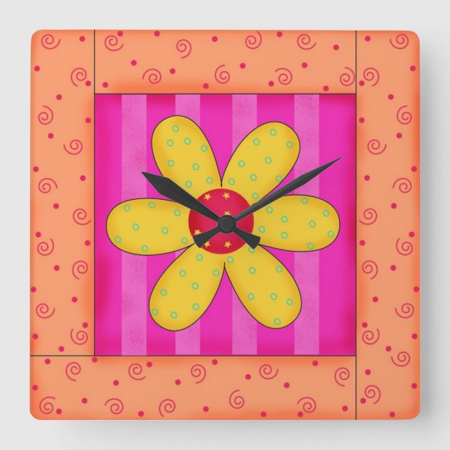 Orangen Flower Quilt Block Wall Clock Fyrkantig Klocka (Framsida)