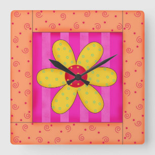 Orangen Flower Quilt Block Wall Clock Fyrkantig Klocka