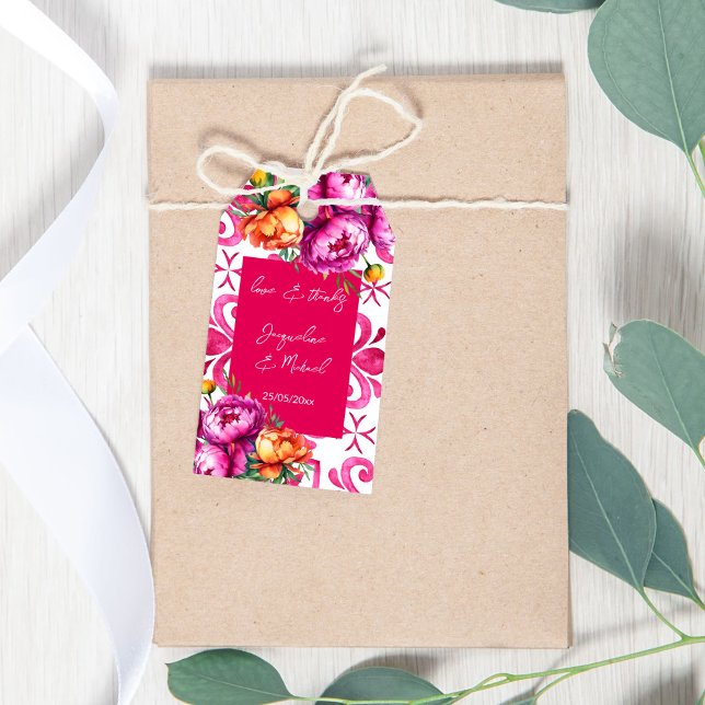 Orangen för Fuchsia Majolica-plattor - tack Presentetikett (Fuchsia Majolica tiles orange pink peonies thank you favor Gift Tags wedding favor tags favors)