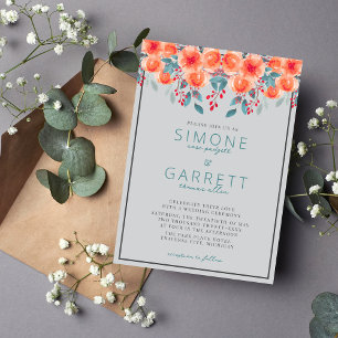 Orangen för glatt Blommigt och Teal Bröllop Inbjudningar