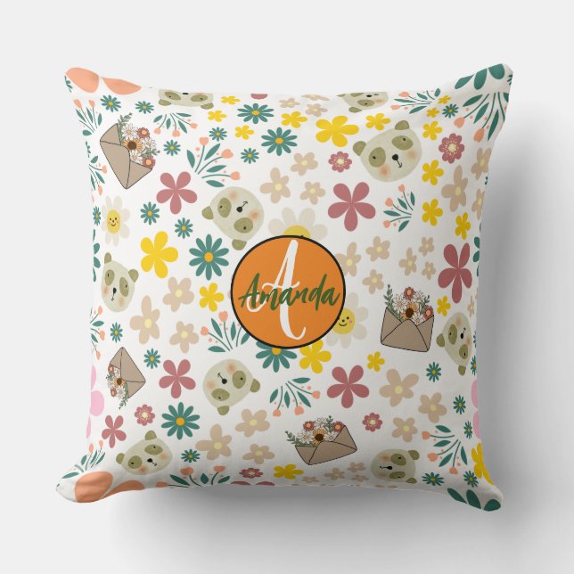 Orangen för rosa av monogrammerade blommor kudde (Framsida)