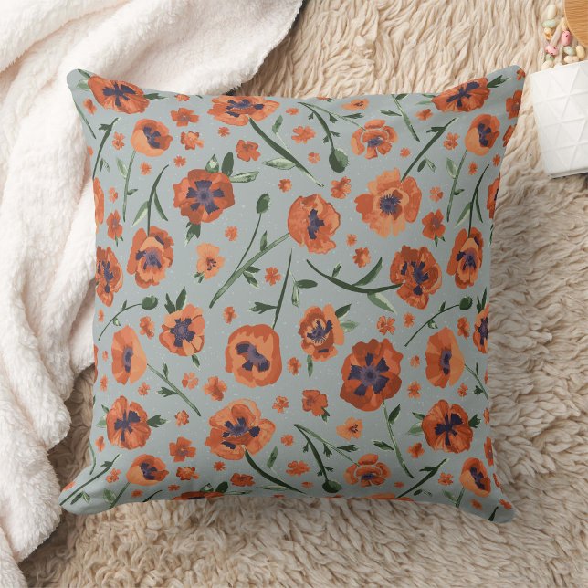 Orangen för vackra poppies kudde (Exquisite Hand-Painted Orange Oriental Poppies Throw Pillow from Studio Posies)