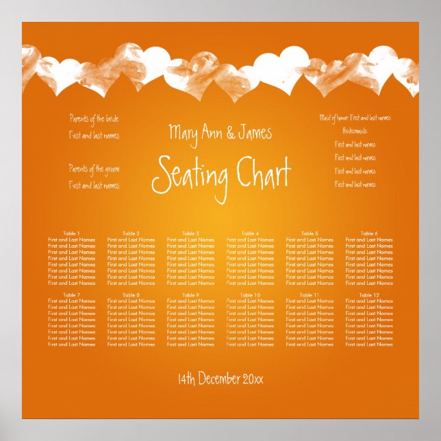 Orangen Hearts för sätesdiagrammet i bröllop Poster (Framsidan)